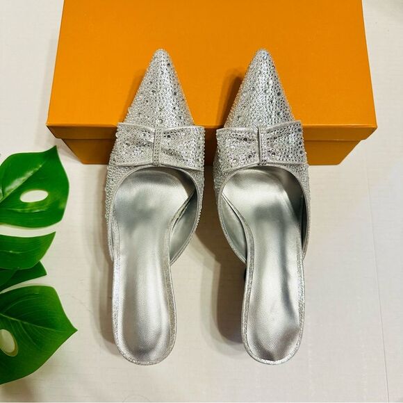 Rhinestones Crystals Heeled Mules With Bow Slip On Dress Shoes Womens Sz 6 NEW - Picture 5 of 16